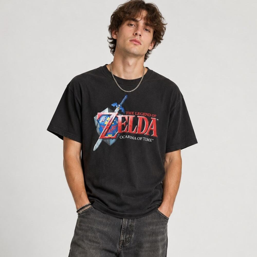 Nintendo Legend of Zelda Ocarina of Time Graphic T-Shirt Top Black Medium Grunge